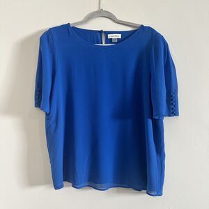 Calvin Klein Royal Blue Sheer Sleeve Blouse with Button Detail – Size Large